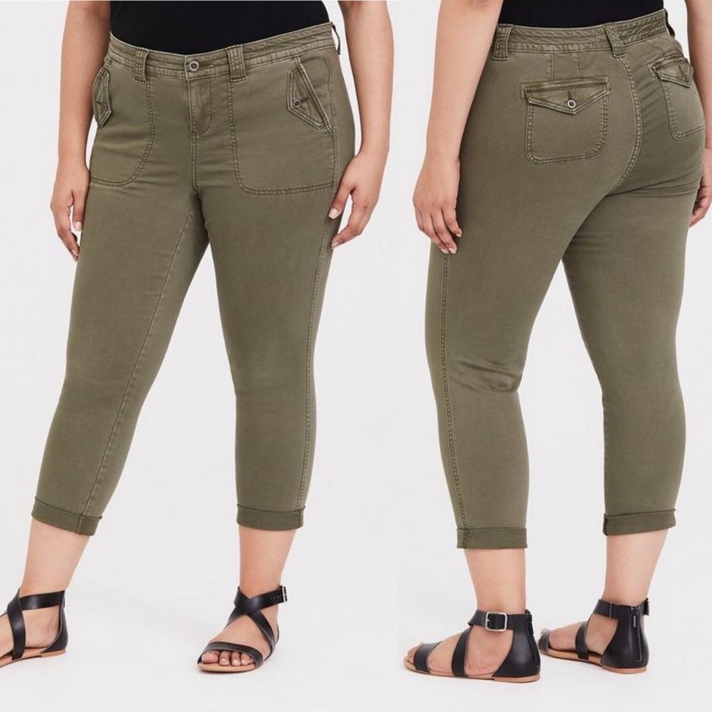 Torrid Twill Military Crop Slim Pant Cargo Casual Olive Green Boho Spring Sz 18